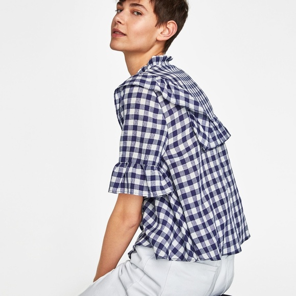 ZARA WOMAN GINGHAM BLOUSE WITH RUFFLES - Picture 7 of 8